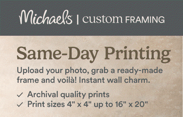 Same Day Printing Upload your photo, grab a ready-made frame and voila! Instant wall charm. Archival quality prints Print sizes 4' x 4' up to 16' x 20' New