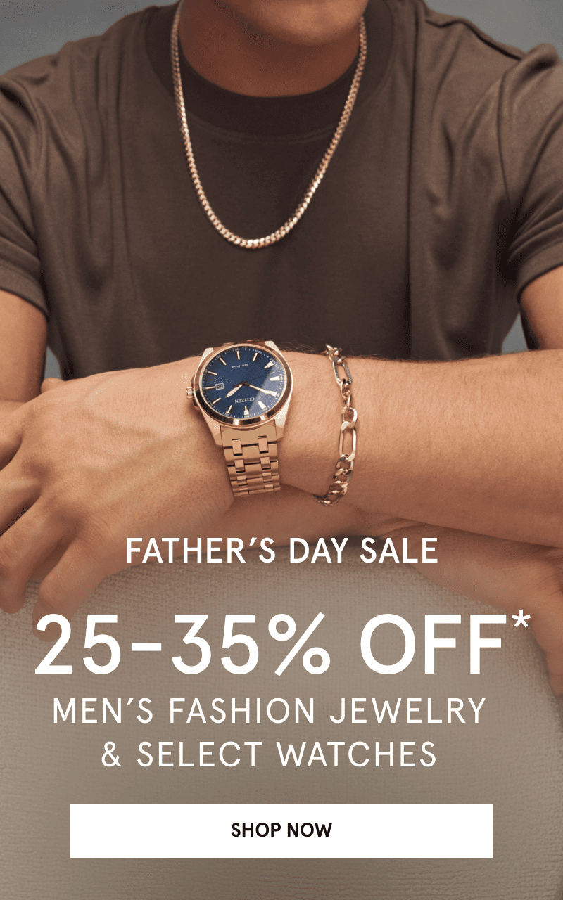 Man wearing yellow gold chain necklace, watch and bracelet. Father’s day sale. 25-35% Off men’s jewelry. Click shop now.