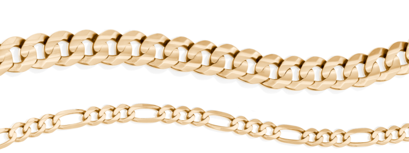 Two yellow gold chain necklaces featuring polished Cuban link and paperclip link designs.
