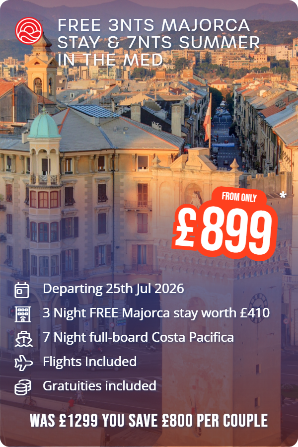 Free 3nts Majorca Stay & 7nts Summer in the Med – Smart Holiday promotional image. From £899 Includes: Departing 25th Jul 2026, 3 Night FREE Majorca stay worth £410, 7 Night full-board Costa Pacifica, Flights Included, Gratuities included. WAS £1299 YOU SAVE £800 PER COUPLE