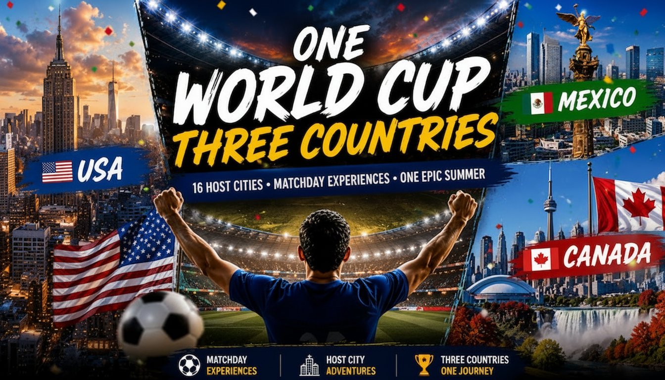 Poster for "One World Cup, Three Countries" featuring USA, Mexico, and Canada.