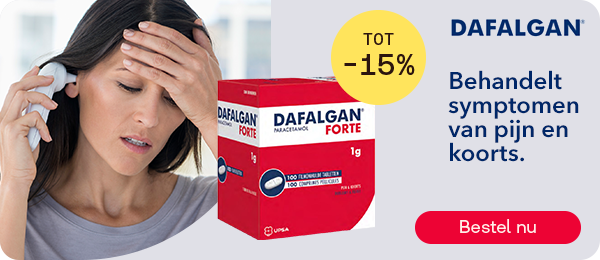 Dafalgan Forte 1 g tot -15% tegen pijn en koorts, knop “Bestel nu”.