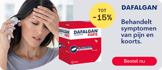 Dafalgan Forte 1 g tot -15% tegen pijn en koorts, knop “Bestel nu”.