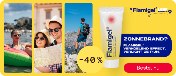 Flamigel tot -40% voor zonnebrand en huidverzorging, knop “Bestel nu”.