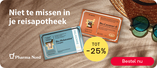 Bio-Melatonine en Bio-Carotene-E tot -25%, knop “Bestel nu”.