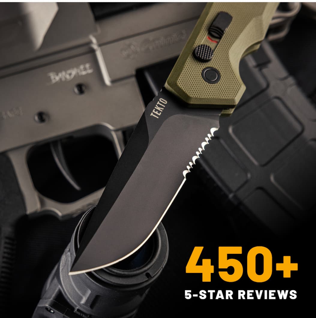 A3 Delta serrated drop point blade close up with 450+ 5-star reviews pointed out.