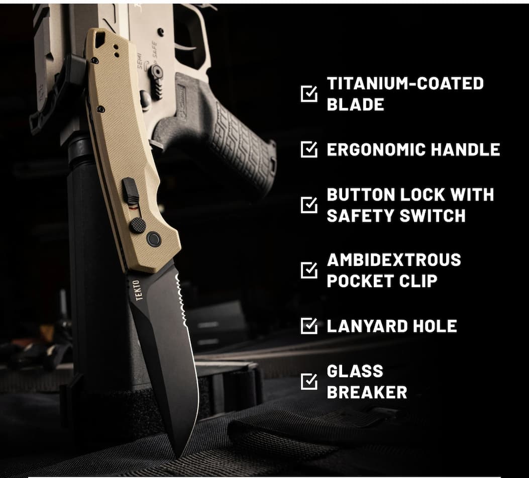 A3 Delta Automatic OTS Knife with Desert G10 handle in tactical background, next to the knife features.