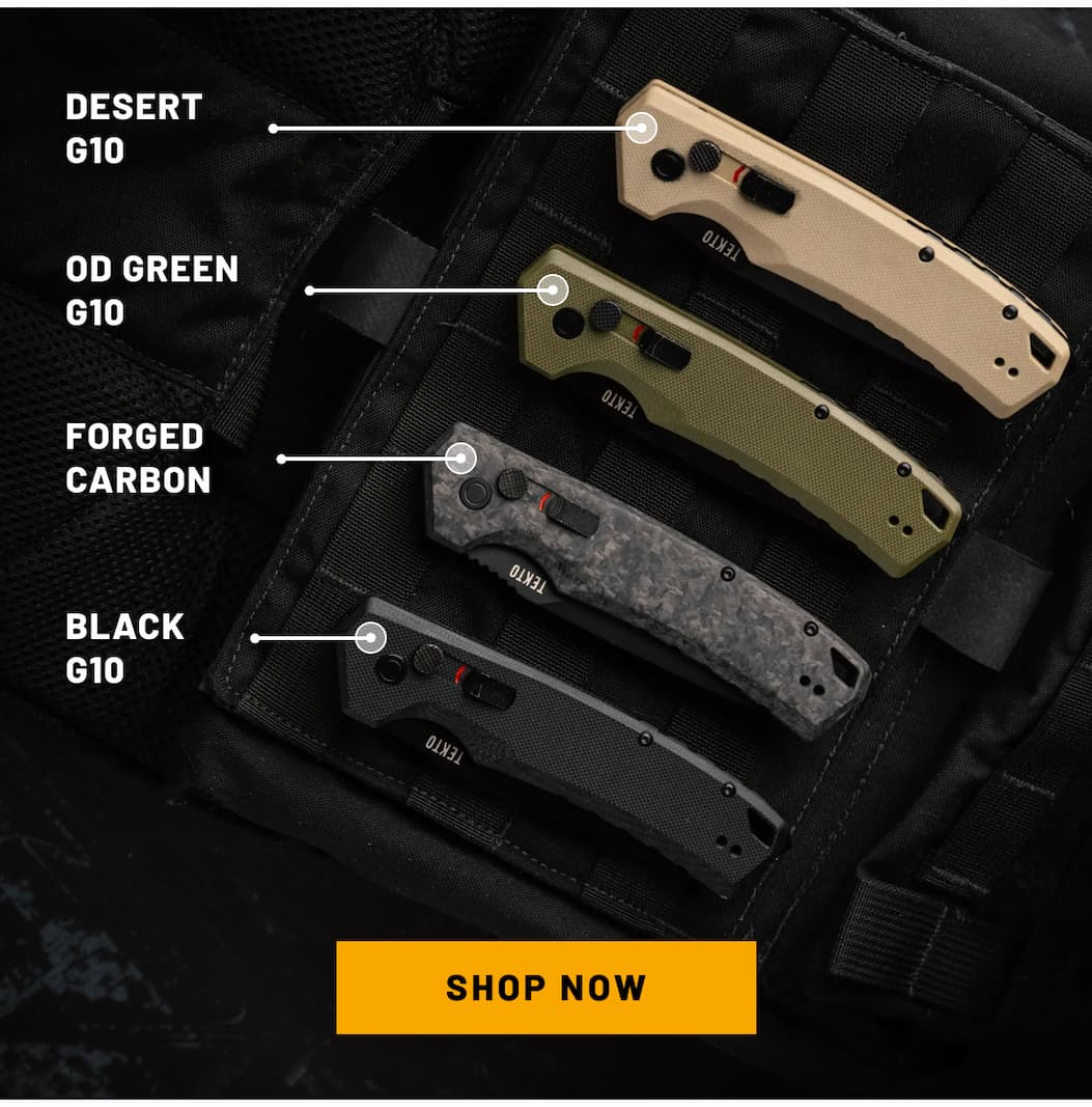 A3 Delta lineup with 4 closed knives in different colors: Desert, Black, OD Green G10, and Forged Carbon.