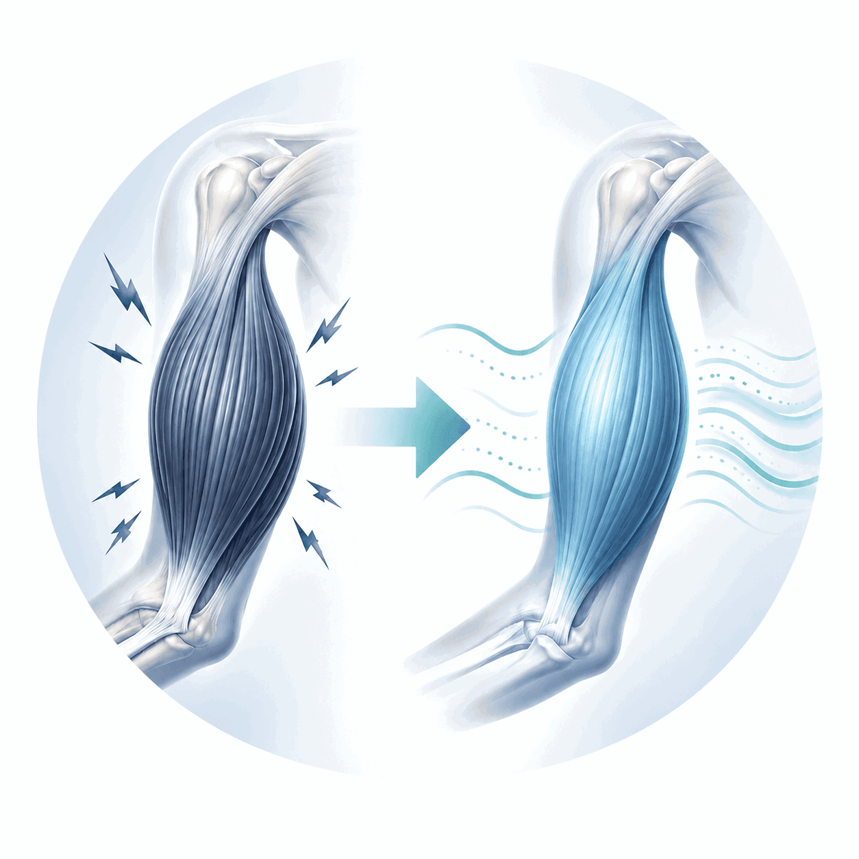 Medical-style muscle illustration showing targeted stimulation helping relax tight muscles.One Adjustable Size That Fits Most Fingers
