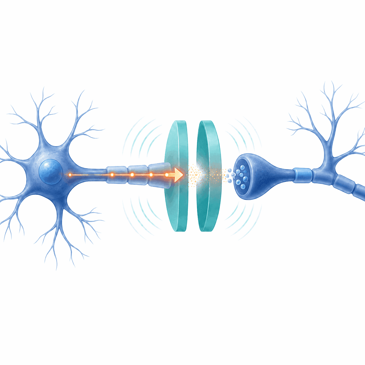Medical-style illustration showing TENS stimulation helping interrupt pain signals between nerves.