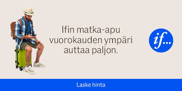 Traveller sitting on a green suitcase using a smartphone next to If insurance logo and Finnish text about 24/7 travel assistance