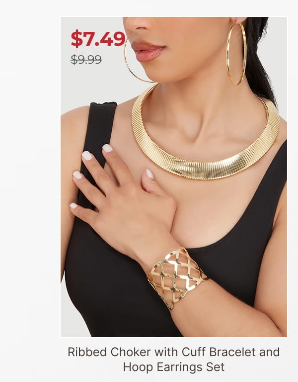 Shop Ribbed Choker with Cuff Bracelet and Hoop Earrings Set