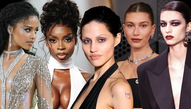 A collage of many figures wearing 2026 makeup trends. 