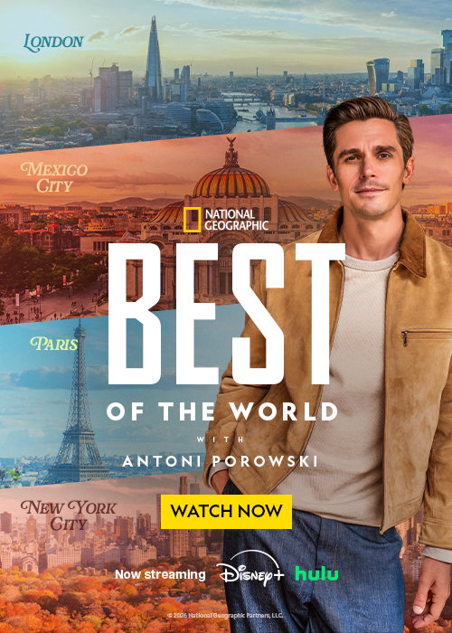 A promotional poster for a travel show featuring Antoni Porowski.