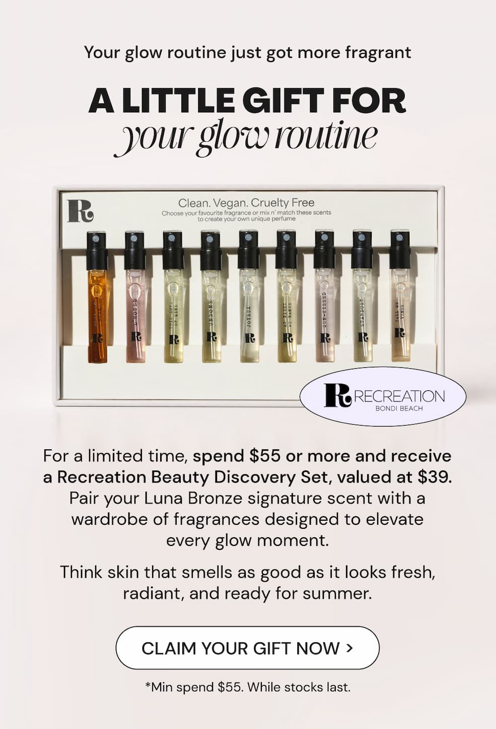 Receive a free fragrance Discovery Set from Recreation Beauty with all orders $55+ Hurry, while stocks last