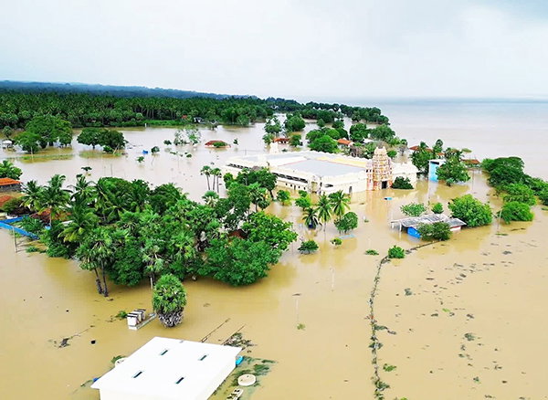 Aerial view of Vattappalai Kannaki Amman Kovil in Northern Sri Lanka, which has been submerged due to intense flooding from cyclone Ditwah.