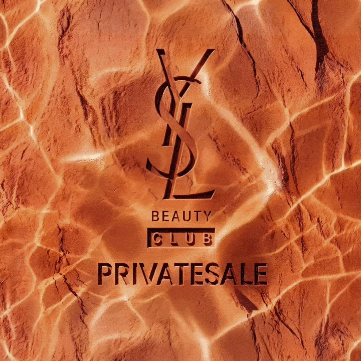 YSL BEAUTY CLUB PRIVATE SALE logo over a sun-drenched, rippling water surface and desert rock background.