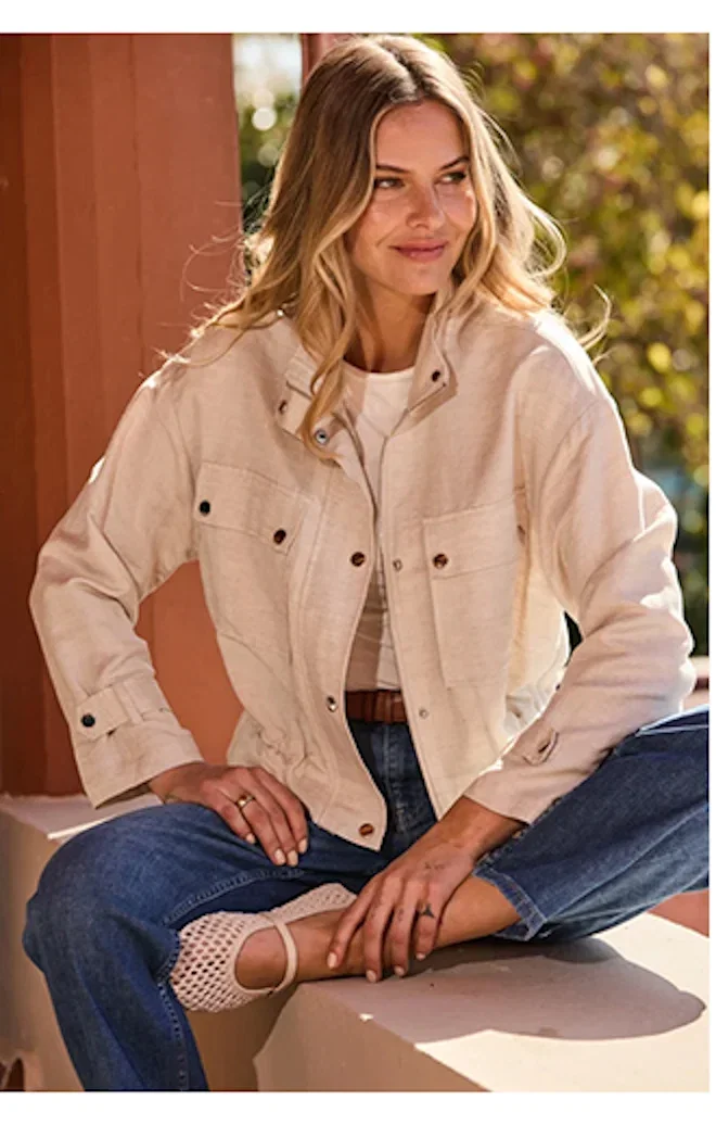 Taupe Linen Blend Funnel Neck Drawstring Jacket