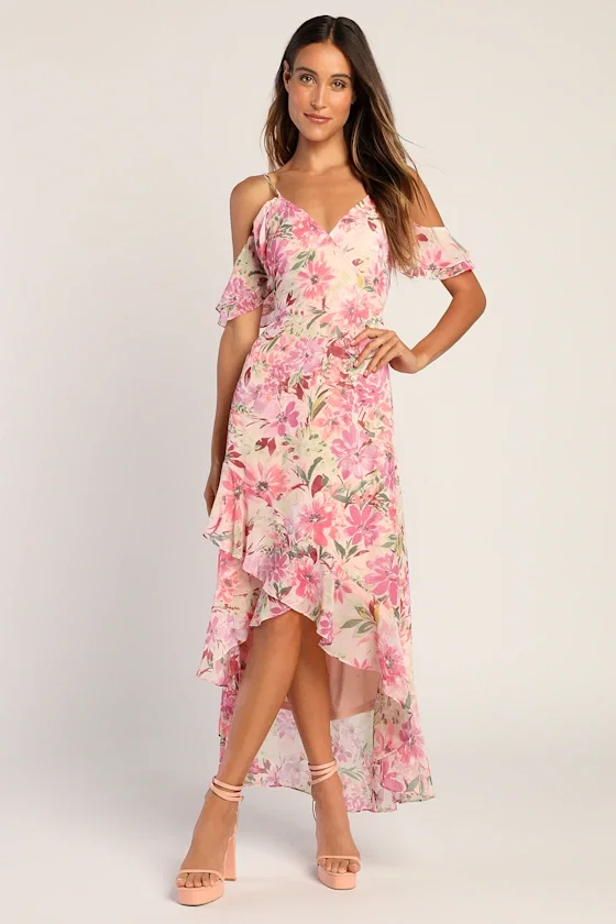 Image of Watch Me Grow Pink Floral Print Cold-Shoulder High-Low Dress