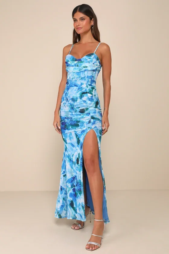 Image of Stunning Wonder Blue Floral Mesh Bustier Mermaid Maxi Dress