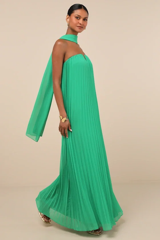 Image of Lael Green Pleated Strapless Dress and Scarf Set