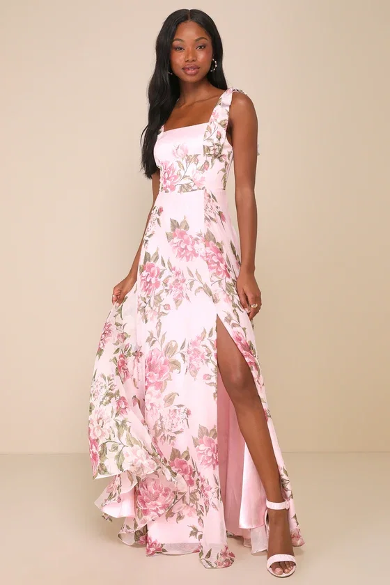 Image of Love Me Forever Pink Floral Square Neck Maxi Dress