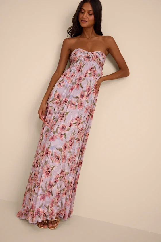 Image of Nola Lavender Floral Pleated Strapless Maxi Dress