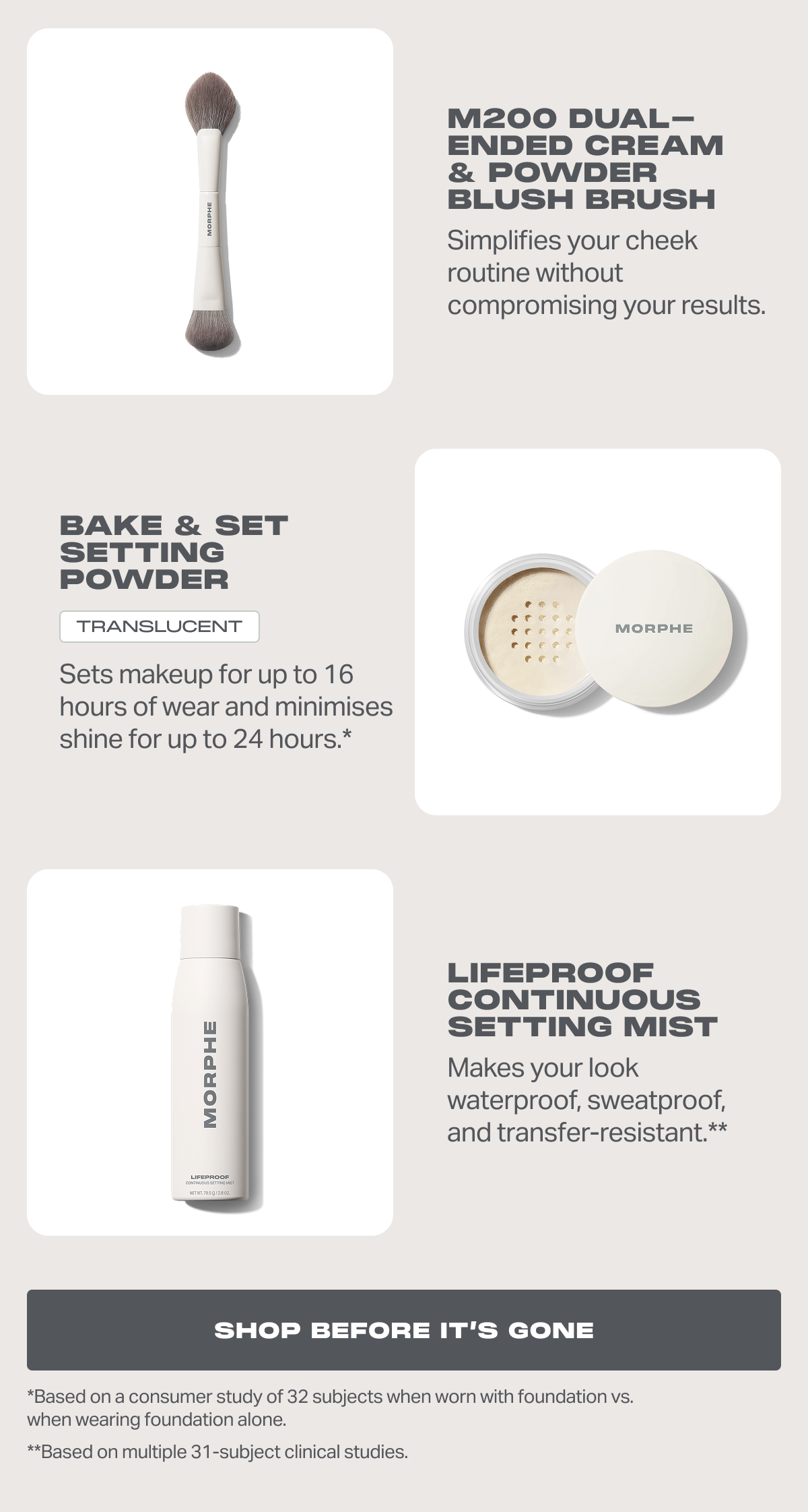 M200 Dual-Ended Cream & Powder Blush Brush Simplifies your cheek routine without compromising your results. + Bake & Set Setting Powder Translucent Sets makeup for up to 16 hours of wear and minimizes shine for up to 24 hours.* + Lifeproof Continuous Setting Mist Makes your look waterproof, sweatproof, and transfer-resistant.**  