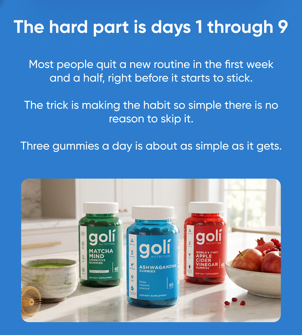 The hard part is days 1 through 9. Most people quit a new routine in the first week and a half, right before it starts to stick.  The trick is making the habit so simple there is no reason to skip it.  Three gummies a day is about as simple as it gets.