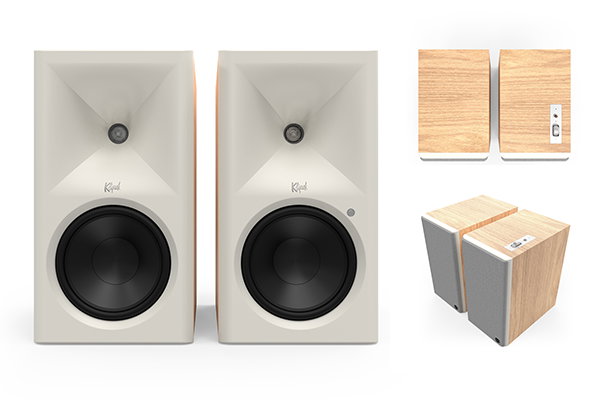 Klipsch Powered speaker in Red Oak Finish, on a white background, seen from the front, top, and side.