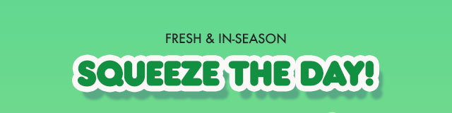 FRESH & IN-SEASON | SQUEEZE THE DAY! | Sanrio Characters Mini Keychain Blind Box (Fruits Series) displayed against a green background with character art.