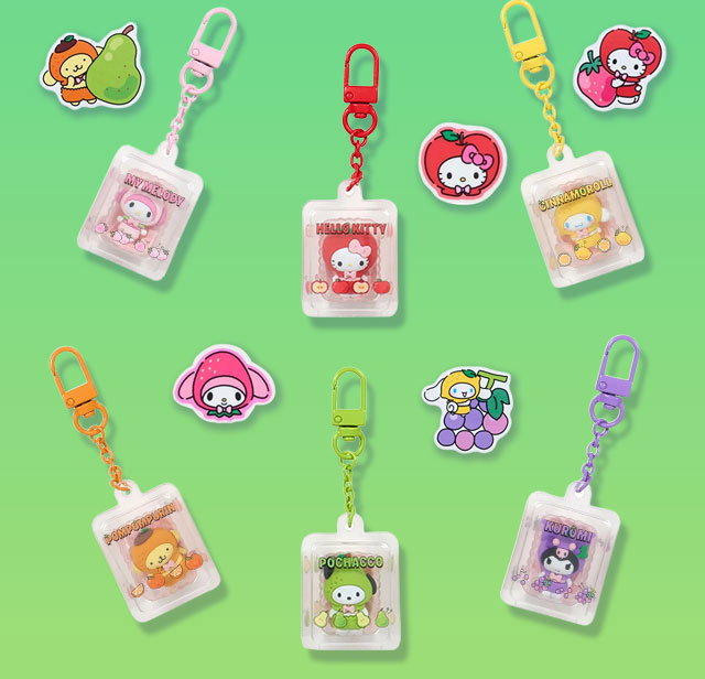 FRESH & IN-SEASON | SQUEEZE THE DAY! | Sanrio Characters Mini Keychain Blind Box (Fruits Series) displayed against a green background with character art.