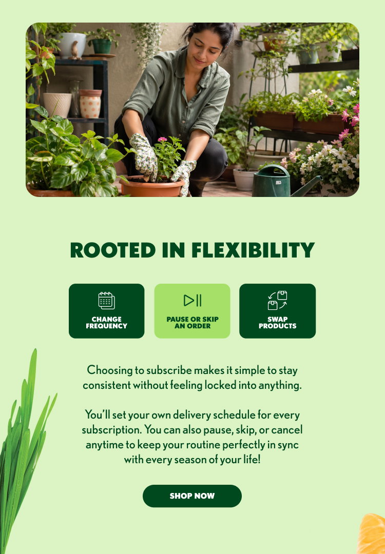 Rooted in Flexibility Change frequency Pause or skip an order Swap products Choosing to subscribe makes it simple to stay consistent without feeling locked into anything. You’ll set your own delivery schedule for every subscription. You can also pause, skip, or cancel anytime to keep your routine perfectly in sync with every season of your life! SHOP NOW