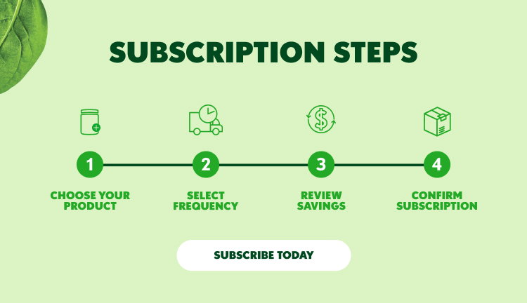 SUBSCRIPTION STEPS Choose your product Select your frequency Review savings Confirm subscription Subscribe today