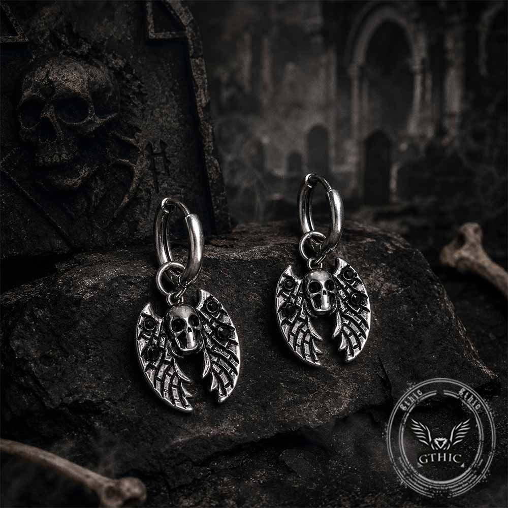 Image of Gothic Bat Skull Stainless Steel Dangle Earrings