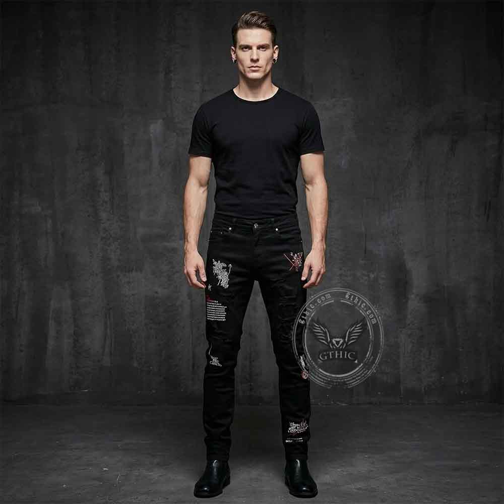 Image of Gothic Graffiti Distressed Slim Fit Stretch Jeans