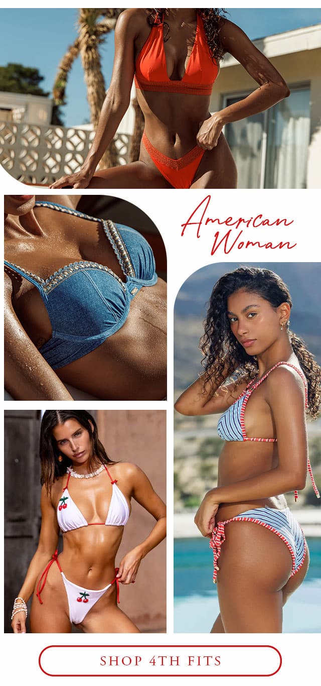 Collage of red, white and blue bikinis. shop 4th fits. 