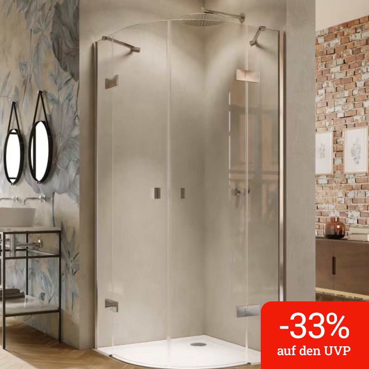 HÜPPE Solva teilgerahmt 1/4 Kreis Schwingtür mit Festteilen 2-flüglig 100/100 x 200 cm, Radius 55 cm, Glas mit Anti-Plaque