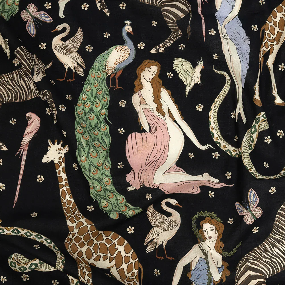 Image of Cotton Voile Print - Black Animals and People - Mood Exclusive Elysian Menagerie