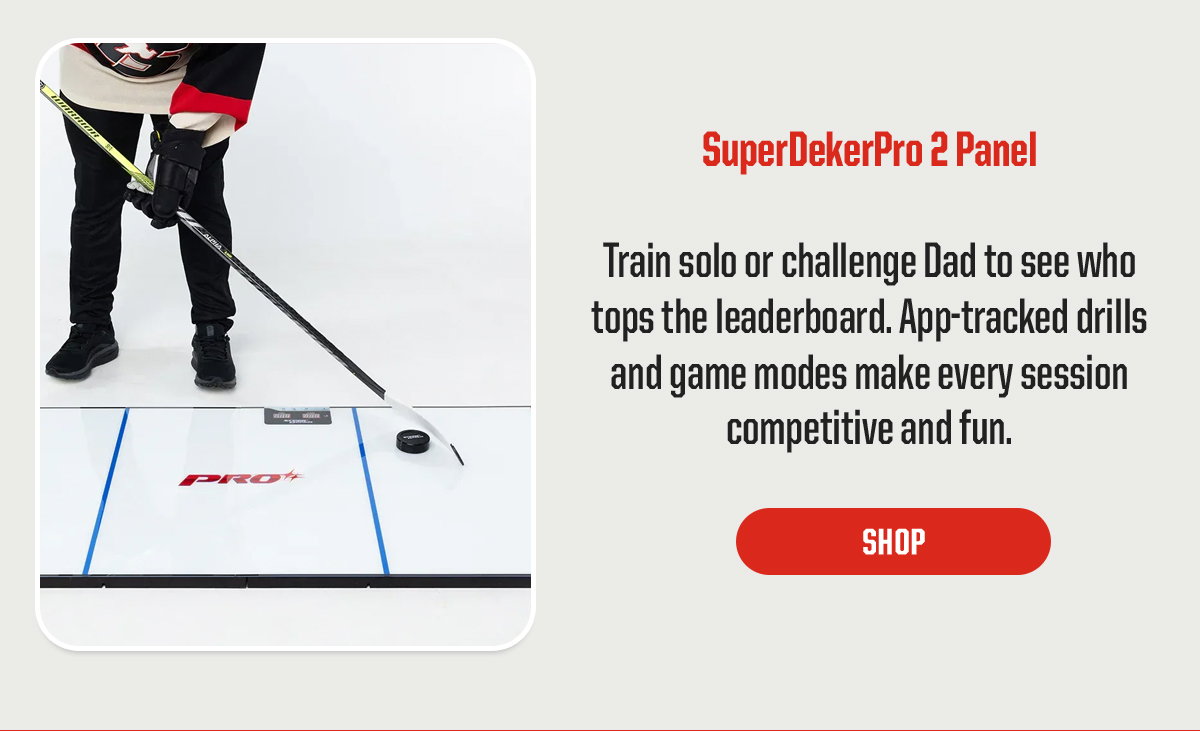 Product Block 5: SuperDekerPro 2 Panel. Train solo or challenge Dad to see who tops the leaderboard. App-tracked drills and game modes make every session competitive and fun. CTA: Shop