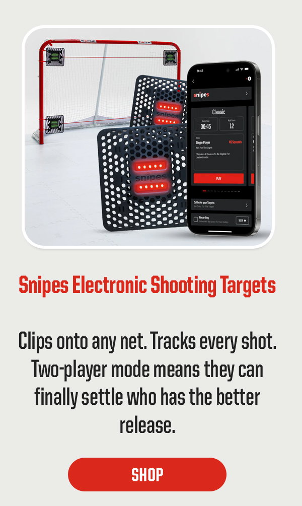 Product Block 4: Snipes Electronic Shooting Targets. Clips onto any net. Tracks every shot. Two-player mode means they can finally settle who has the better release. CTA: Shop