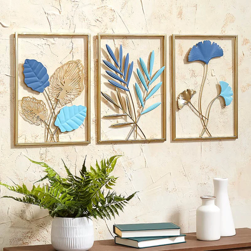 Metal Blue Leaf Wall Art Trio Set
