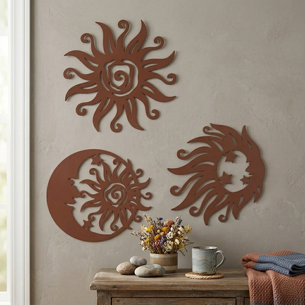 Wall Art Celestial Metal 3 Piece Set Sun And Moon Decor