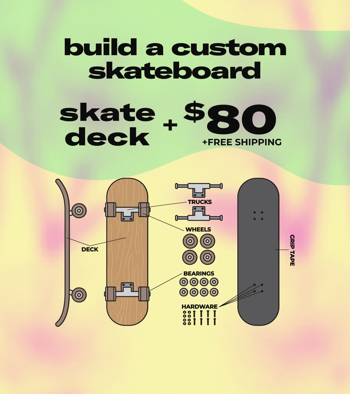 Add $80 to any skate deck to build a custom complete. Includes free shipping.