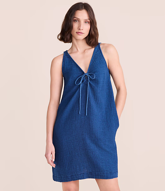 Lou & Grey Denim Washed Double Cloth Tie Keyhole Mini Pocket Dress