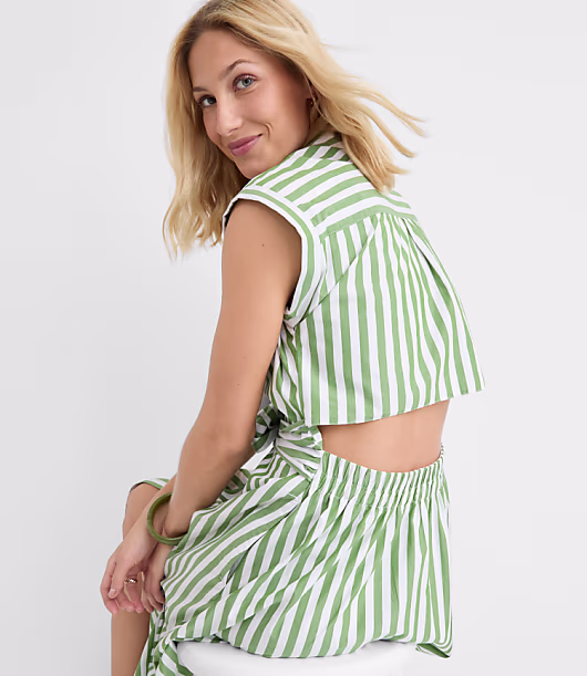 Striped Poplin Cutout Back Midi Pocket Dress