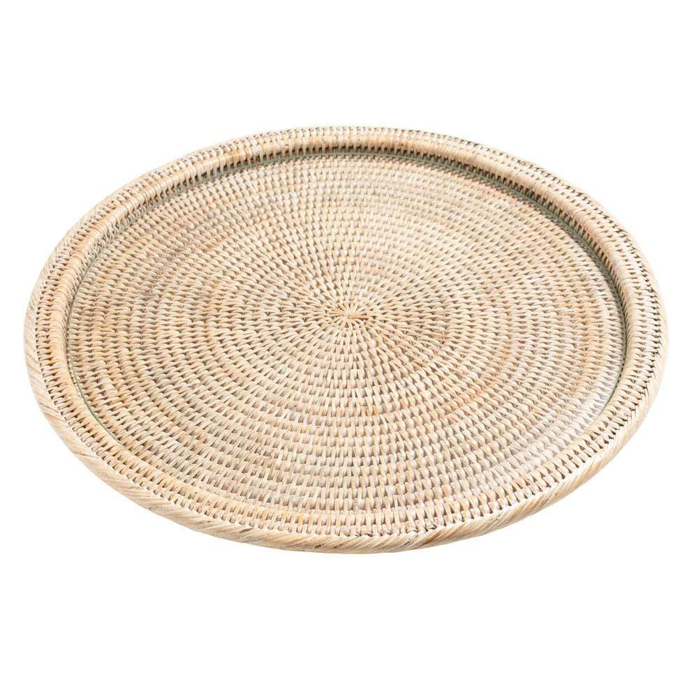 Image of Rattan & Glass Round Serving Platter in White Natural - 1 Each