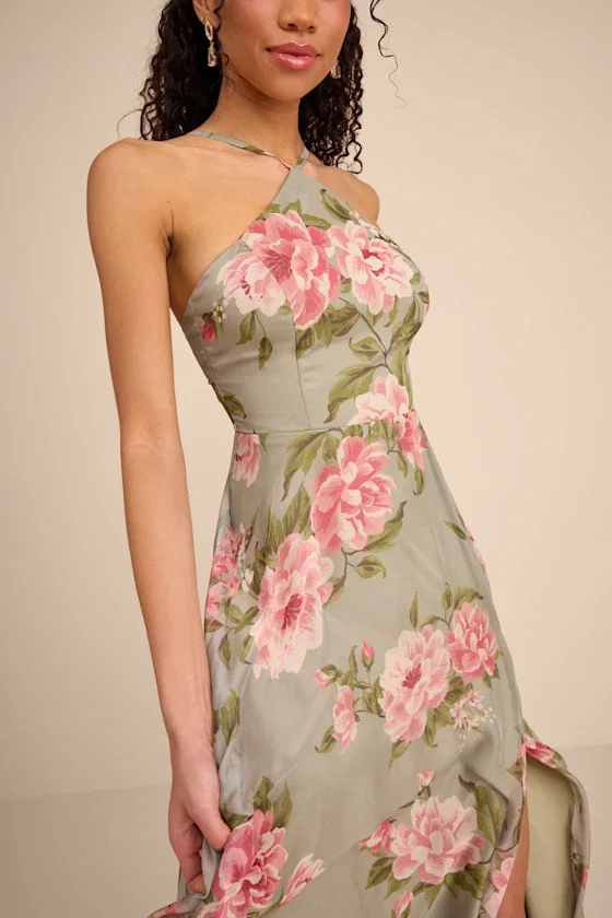 Image of Romantic Marvel Sage Floral Print Halter Neck Maxi Dress