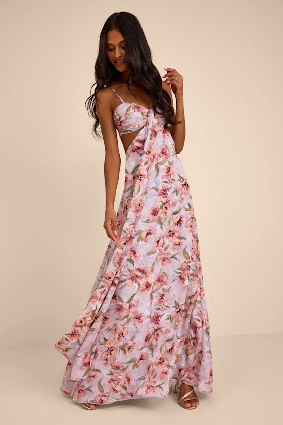 Image of Heidi Lavender Floral Cutout Maxi Dress
