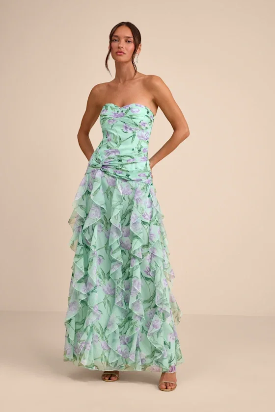 Image of Danna Mint Multi Floral Ruffled Maxi Dress